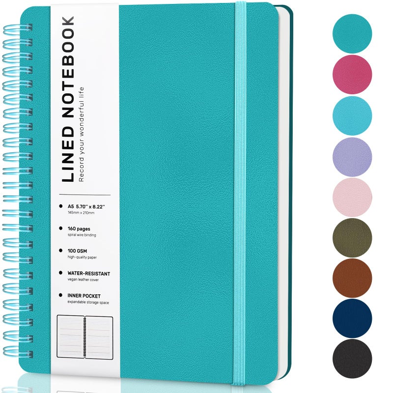 ABERLLS Turquoise Lined Spiral Journal Notebook with 160 Pages, 8Ã—5.7in, A5 Spiral Notebook, Journaling Notebooks for Work, School, Women, Men, College Ruled Spiral Notebook, Hardcover Leather Journals - Image 1