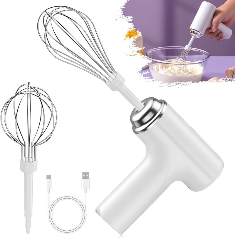 SYOSI Cordless Hand Mixer, Portable Electric Whisk with 3 Speed Modes, Handheld Egg Beater with 2 Detachable Stir Whisks, Compact Design (White) - Image 1