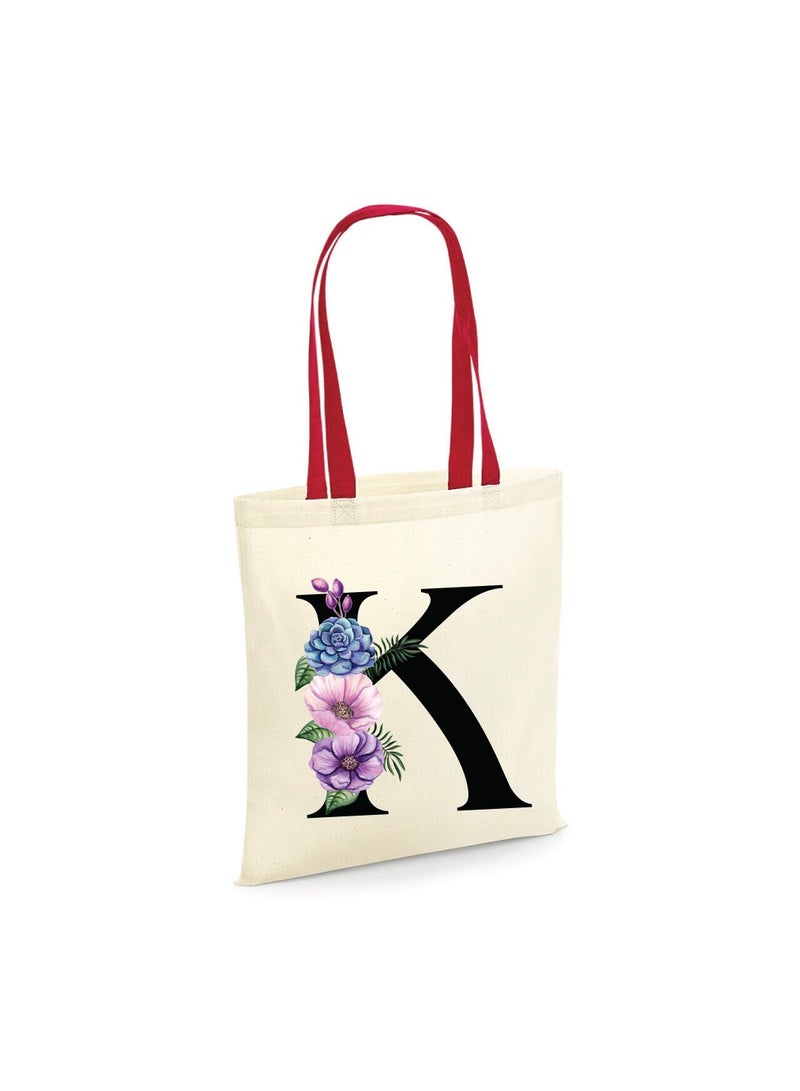 برينت شوب فور مي حقيبة حمل قطنية من القماش بأحرف أولية بمقبض أحمر-هدايا مثالية لوصيفات العروس-حقيبة الحفلات-حقائب قابلة لإعادة الاستخدام - Image 1