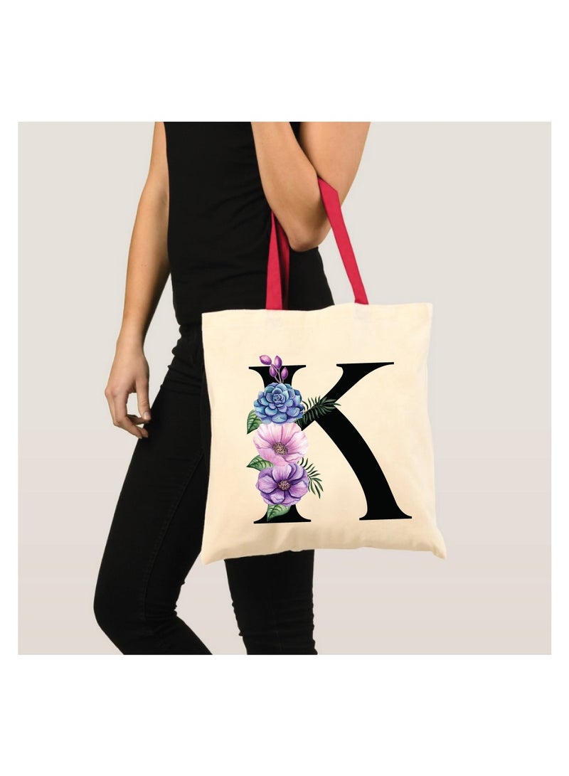 برينت شوب فور مي حقيبة حمل قطنية من القماش بأحرف أولية بمقبض أحمر-هدايا مثالية لوصيفات العروس-حقيبة الحفلات-حقائب قابلة لإعادة الاستخدام - Image 3