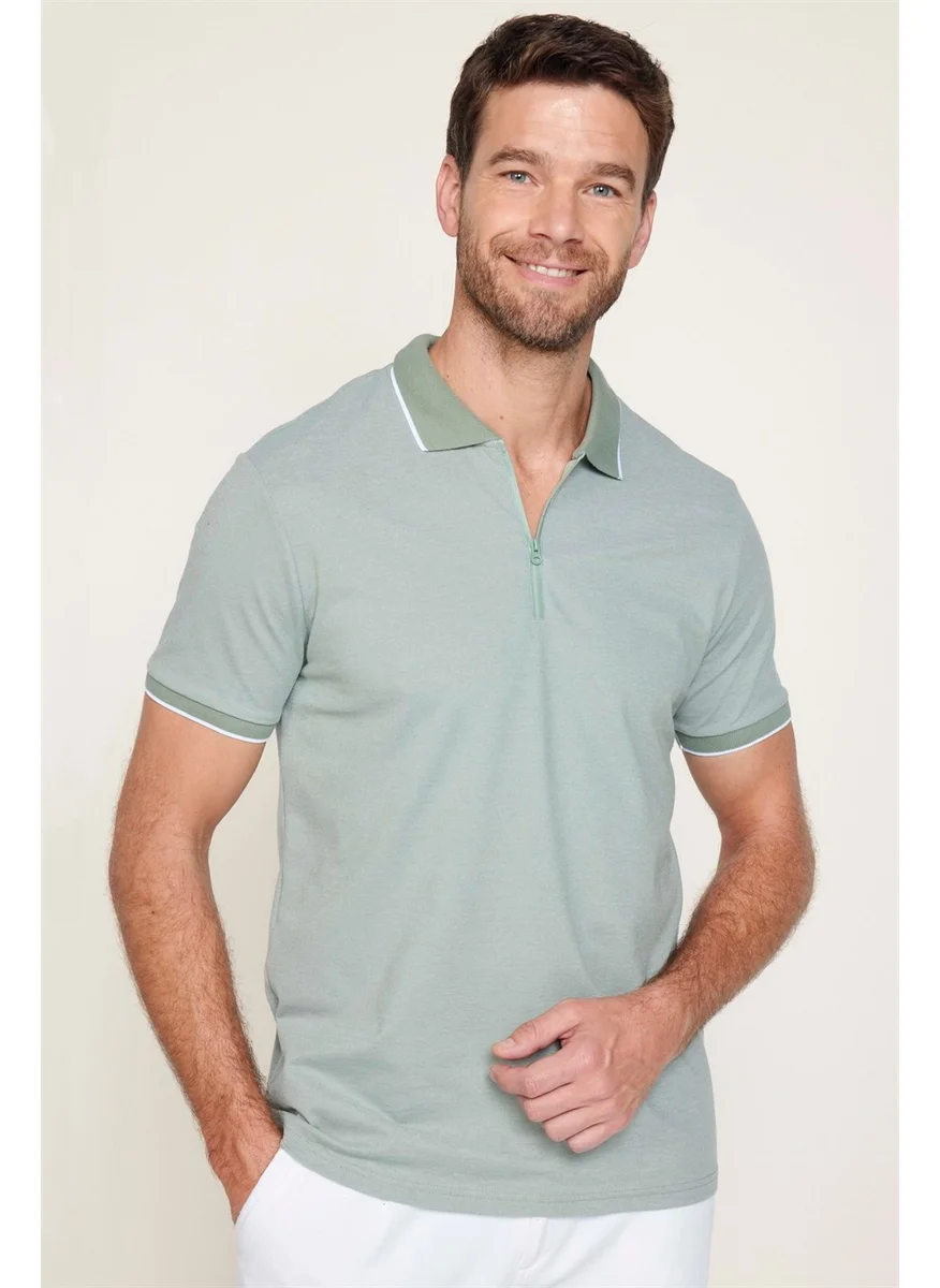 Tudors Men's Slim Fit Zippered Polo Neck Pique Cotton Mint T-Shirt