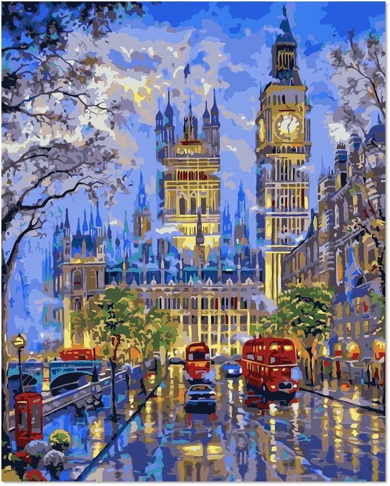 TART أطقم الرسم بالأرقام للبالغين مناظر طبيعية لندن الرسم بالأرقام للأطفال طقم ألوان أكريليك DIY قماش 16x20 بوصة من TART لندن بيغ بن