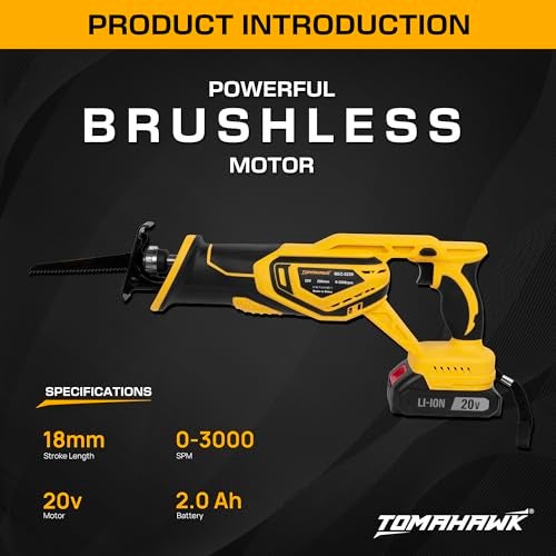 Tomahawk REC-5230 20V Brushless Reciprocating Saw/Saber Saw with 2.0Ah x2 Battery, Tool Free Blade Change, 3000 SPM, 18mm Stroke, Multi-Material Cutting Wood Steel Aluminium - Image 5