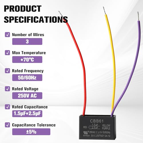 Podoy CBB61 Ceiling Fan Capacitor 𝟏.𝟓𝐮𝐟+𝟐.𝟓𝐮𝐟 Compatible with New TECH 1.5uf 2.5uf 250V AC 3 Wire 2 Pack - Image 2