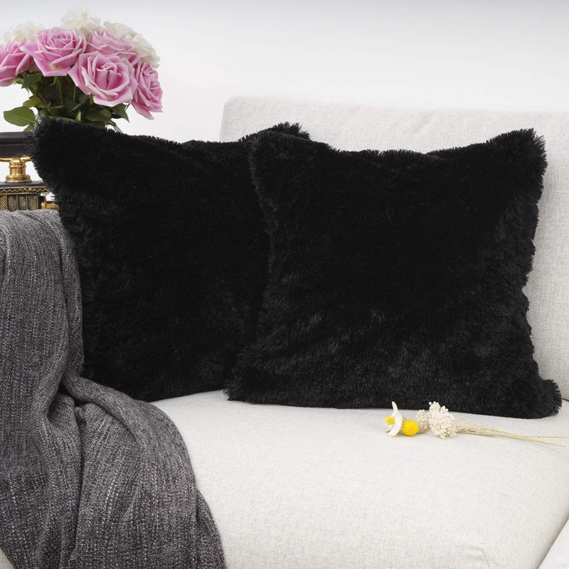 YOUR SMILE Pack of 2, Decorative New Luxury Series Merino Style Fur Throw Pillow Case Cushion Cover 18" x 18"(Black) - Image 2