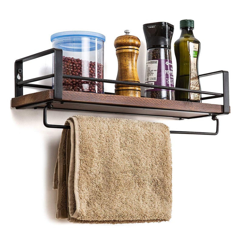 INDIAN DECOR INDIAN DECOR 28698 Rustic Kitchen Wood and Metal Floating Wall Mounted Shelf Spice Rack with Towel Bar Toilet Storage for Kitchen Bathroom Bedroom Living Room Black Standard  - Image 1