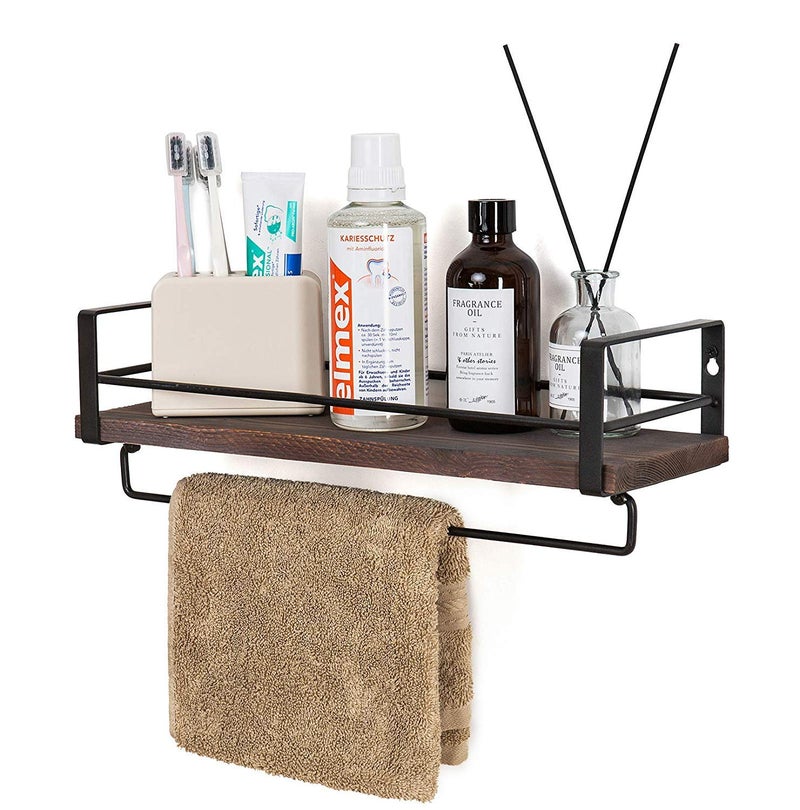 INDIAN DECOR INDIAN DECOR 28698 Rustic Kitchen Wood and Metal Floating Wall Mounted Shelf Spice Rack with Towel Bar Toilet Storage for Kitchen Bathroom Bedroom Living Room Black Standard  - Image 2