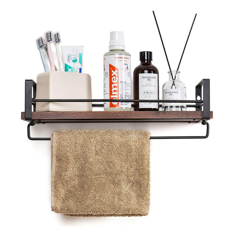 INDIAN DECOR INDIAN DECOR 28698 Rustic Kitchen Wood and Metal Floating Wall Mounted Shelf Spice Rack with Towel Bar Toilet Storage for Kitchen Bathroom Bedroom Living Room Black Standard  - Image 4