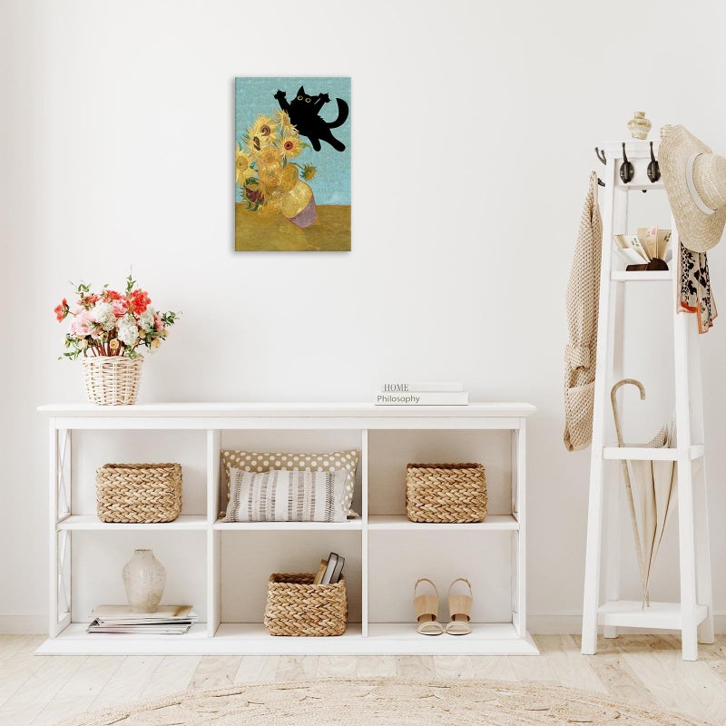 TYOHU Funny Black Cat Art Poster Vintage Sunflower Cat Print Canvas Wall Art Cute Animal Room Aesthetic Prints Painting For Home Bedroom Dorm Wall Decor 12x16in Framed - Image 1