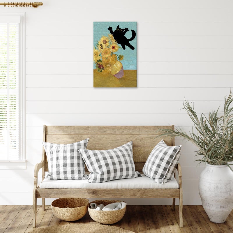 TYOHU Funny Black Cat Art Poster Vintage Sunflower Cat Print Canvas Wall Art Cute Animal Room Aesthetic Prints Painting For Home Bedroom Dorm Wall Decor 12x16in Framed - Image 2