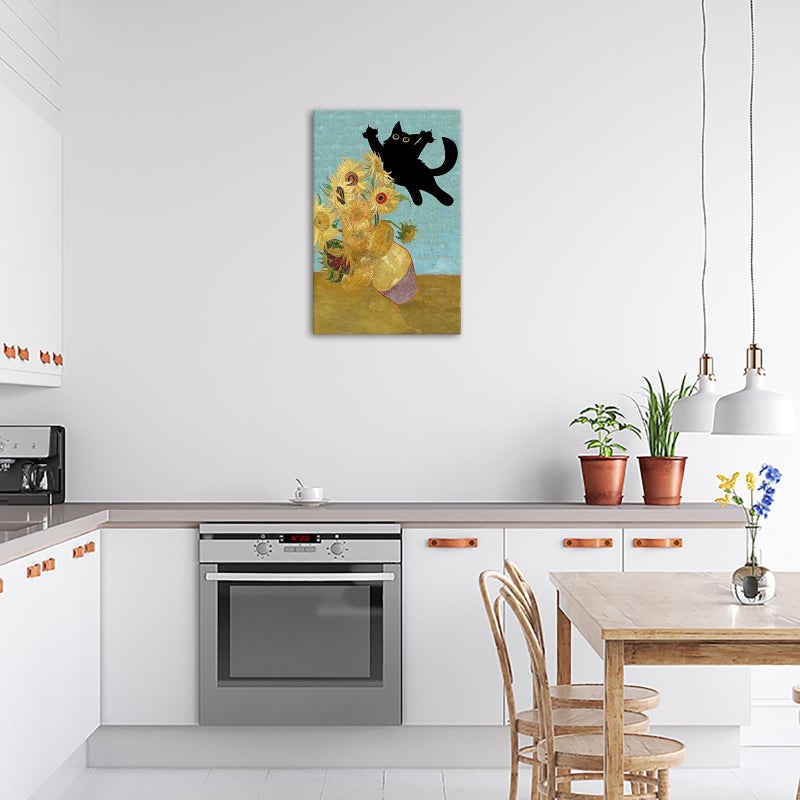 TYOHU Funny Black Cat Art Poster Vintage Sunflower Cat Print Canvas Wall Art Cute Animal Room Aesthetic Prints Painting For Home Bedroom Dorm Wall Decor 12x16in Framed - Image 3
