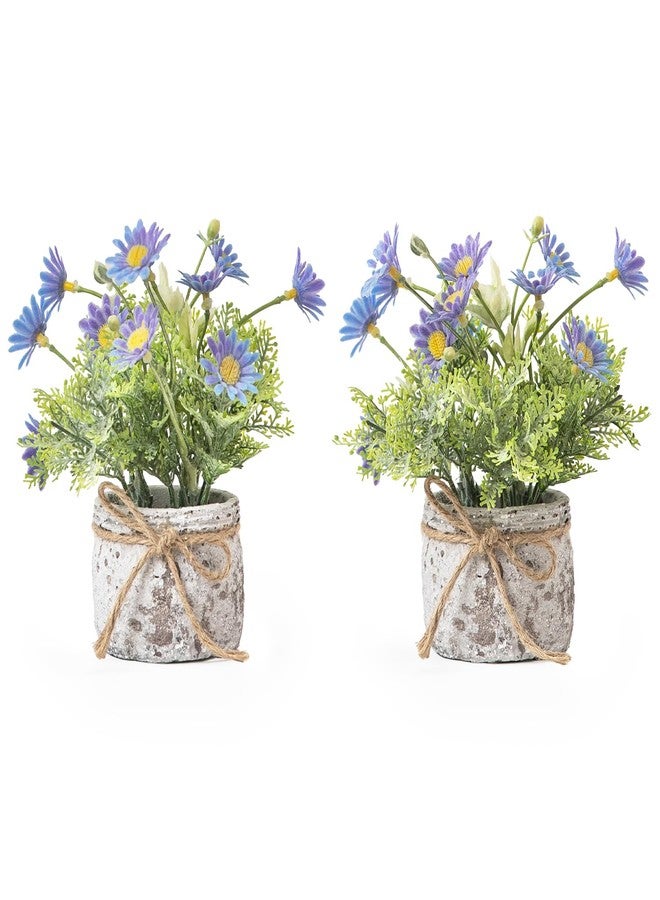 Fuxdre Daisy Artificial Flowers in Cement Vases 2Pcs,Daisies Faux Flowers Farmhouse Home Coffee Table Bookshelf Office Desk Decorations Kitchen Dining Room Fake Plants Indoor(Blue) - Image 1