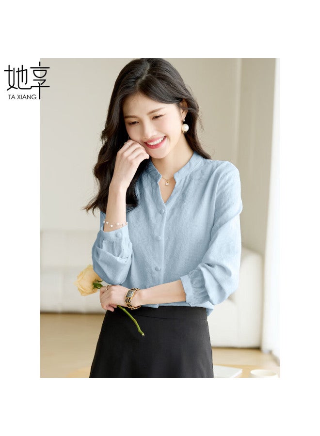 She Enjoys Long-sleeve Women's Jacquard V-neck Blouse, Casual Simple Commuter Elegant Top T141c2244