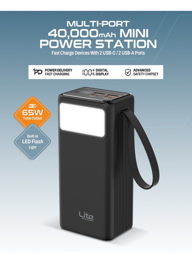 Moxedo Lite Multi-Port 40,000 mAh PD 65W Mini Power Station Fast Charging 2 USB-C / 2 USB-A Ports Portable with Built-in LED Flash Light and Lanyard - Image 2