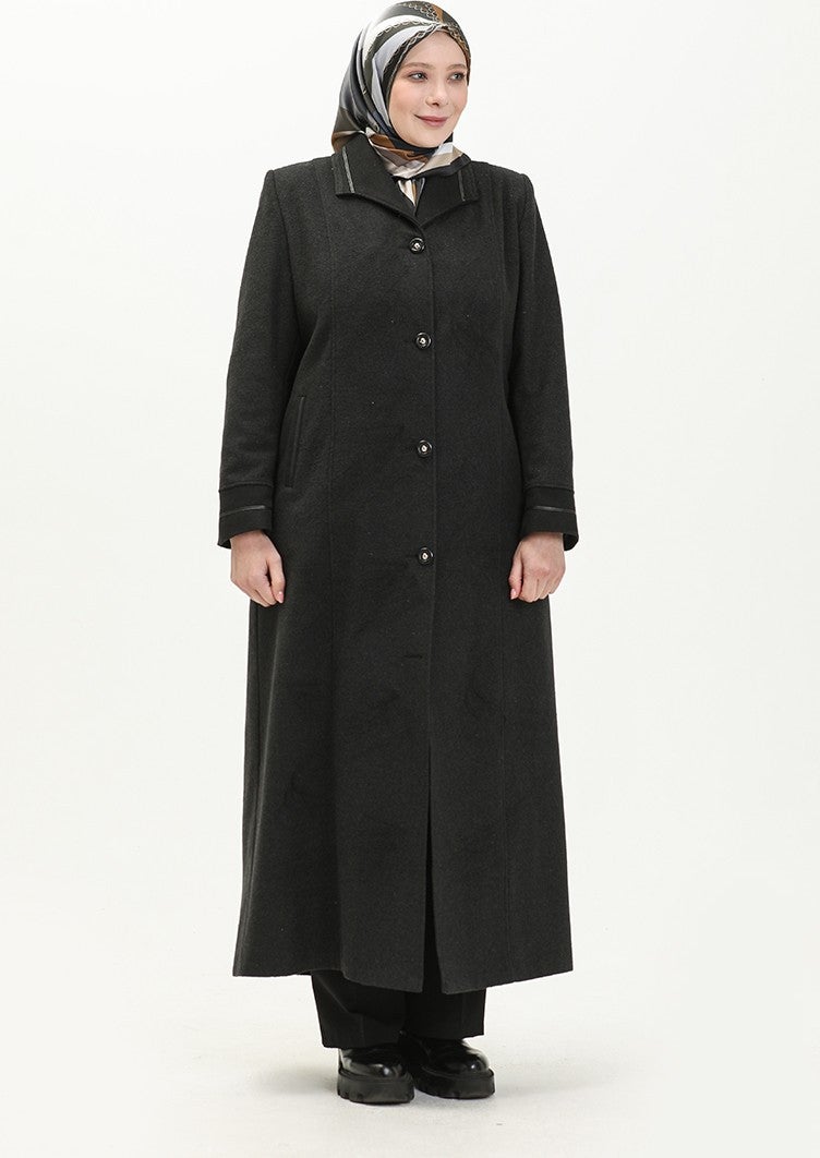 Sefa Merve Plus Size Buttoned Cashmere Coat 0329-03 Smoke  - Image 2