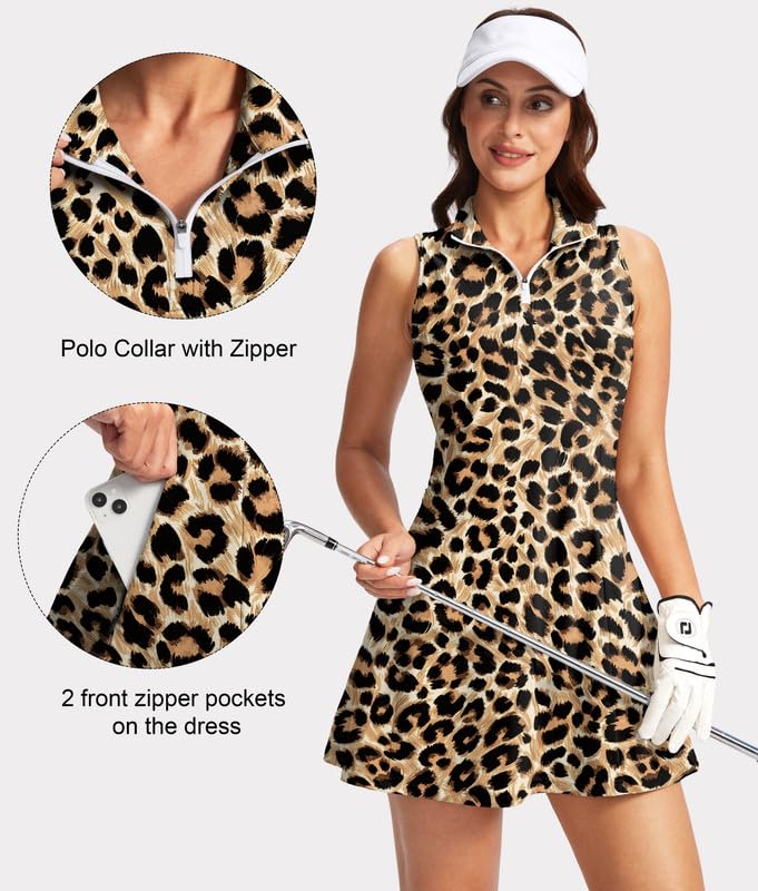 Viodia Women's Tennis Golf Dress with Shorts Active Exercise Workout Sports Athletic Dresses for Women with Zipper Pockets Leopard