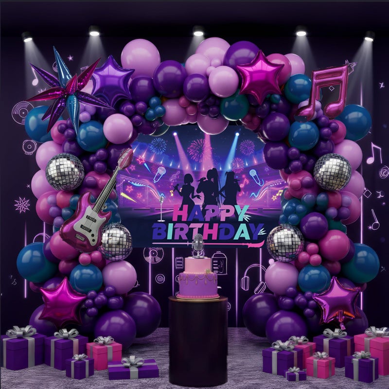 froufing K-Pop Music themed Birthday Decorations with Pink and purple navy blue balloon arch & Guitars Disco Notes Star foil Balloons & music background for Boy Girls fans Birthday Prom Party Decorations - Image 1