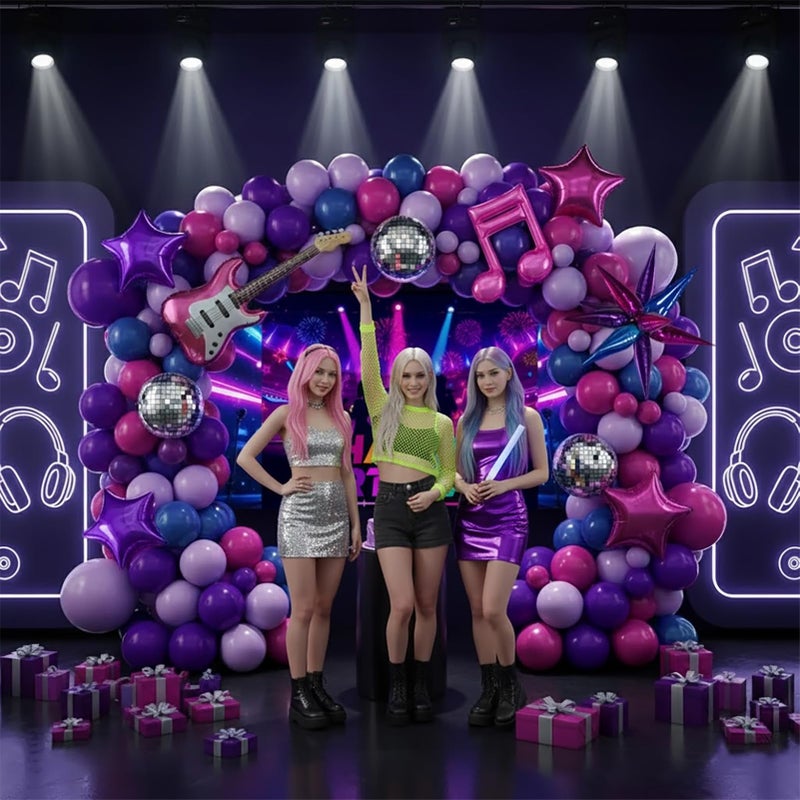 froufing K-Pop Music themed Birthday Decorations with Pink and purple navy blue balloon arch & Guitars Disco Notes Star foil Balloons & music background for Boy Girls fans Birthday Prom Party Decorations - Image 5