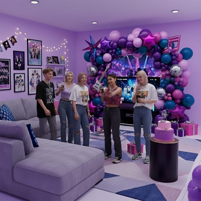 froufing K-Pop Music themed Birthday Decorations with Pink and purple navy blue balloon arch & Guitars Disco Notes Star foil Balloons & music background for Boy Girls fans Birthday Prom Party Decorations - Image 4