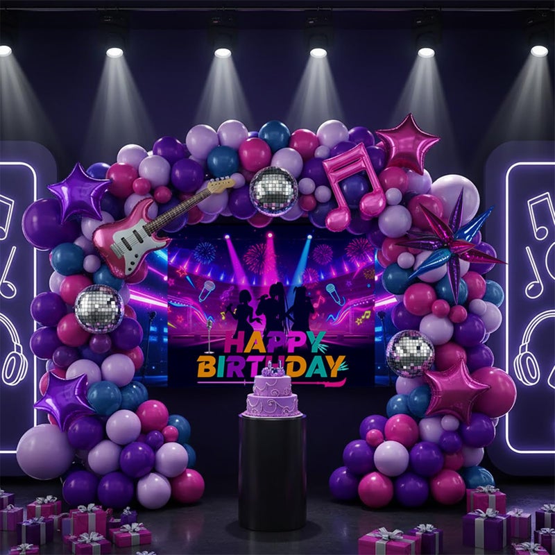 froufing K-Pop Music themed Birthday Decorations with Pink and purple navy blue balloon arch & Guitars Disco Notes Star foil Balloons & music background for Boy Girls fans Birthday Prom Party Decorations - Image 2