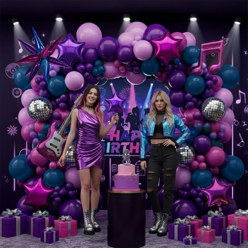 froufing K-Pop Music themed Birthday Decorations with Pink and purple navy blue balloon arch & Guitars Disco Notes Star foil Balloons & music background for Boy Girls fans Birthday Prom Party Decorations - Image 3