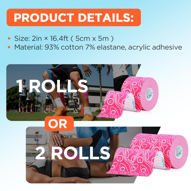OK TAPE PRO Kinesiology Tape, 2inch x Long Roll 16ft Free Cut Tape, Elastic Athletic Tape Therapeutic Latex Free, Pink+White - Image 3