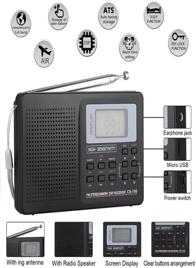 راديو متعدد الموجات 106، راديو محمول بشاشة رقمية لكبار السن، أسود - Image 3