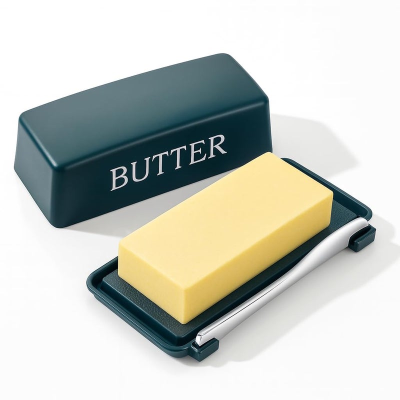 Dehov Butter Tray With Lid And Stainless Steel Knife,Large BPA Free Plastic Butter Dishes With Cover,Green Butter Storage Container Keeper - Image 1