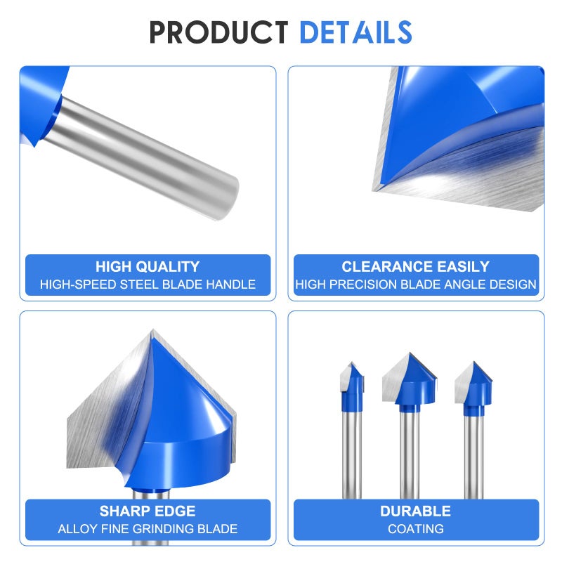 Wingsflee 1/4 Inch Shank 90 Degree V Groove Router Bit Set - 8 Sizes (1/4" to 1") Solid Carbide Double Flute for CNC Engraving & Woodworking - Image 4