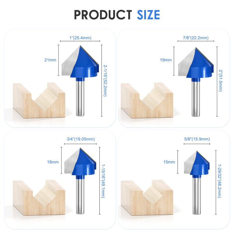 Wingsflee 1/4 Inch Shank 90 Degree V Groove Router Bit Set - 8 Sizes (1/4" to 1") Solid Carbide Double Flute for CNC Engraving & Woodworking - Image 2