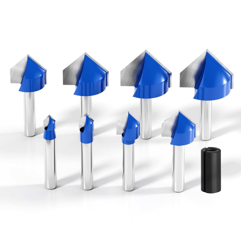 Wingsflee 1/4 Inch Shank 90 Degree V Groove Router Bit Set - 8 Sizes (1/4" to 1") Solid Carbide Double Flute for CNC Engraving & Woodworking - Image 1