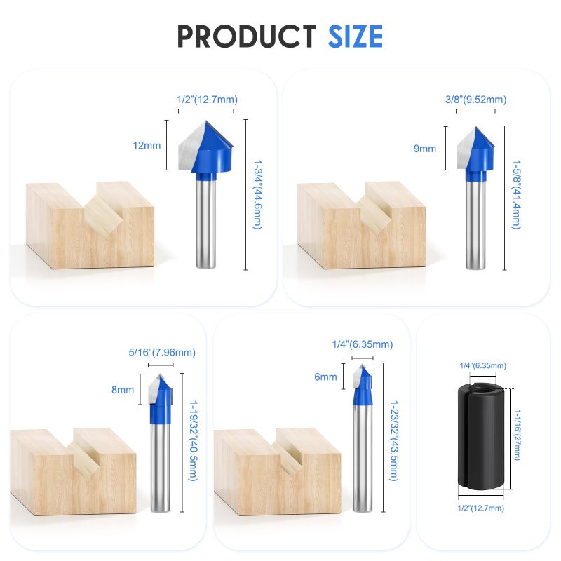 Wingsflee 1/4 Inch Shank 90 Degree V Groove Router Bit Set - 8 Sizes (1/4" to 1") Solid Carbide Double Flute for CNC Engraving & Woodworking - Image 3