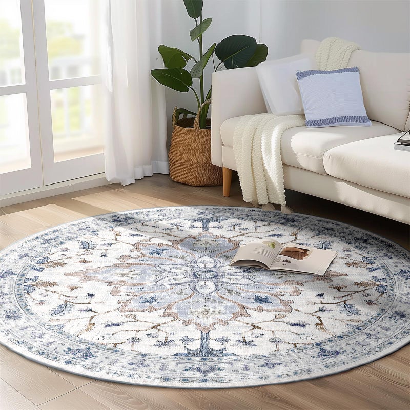 RELEANY 6ft Round Rug  Area Rugs 6ft  Washable Rug  Non-Slip  Rugs for Living Room  Rugs for Bedroom  Circle Rug  Vintage Rugs Boho Floral Medallion  Low Pile  Soft Blue Navy Beige - Image 4