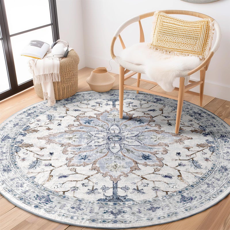 RELEANY 6ft Round Rug  Area Rugs 6ft  Washable Rug  Non-Slip  Rugs for Living Room  Rugs for Bedroom  Circle Rug  Vintage Rugs Boho Floral Medallion  Low Pile  Soft Blue Navy Beige - Image 1