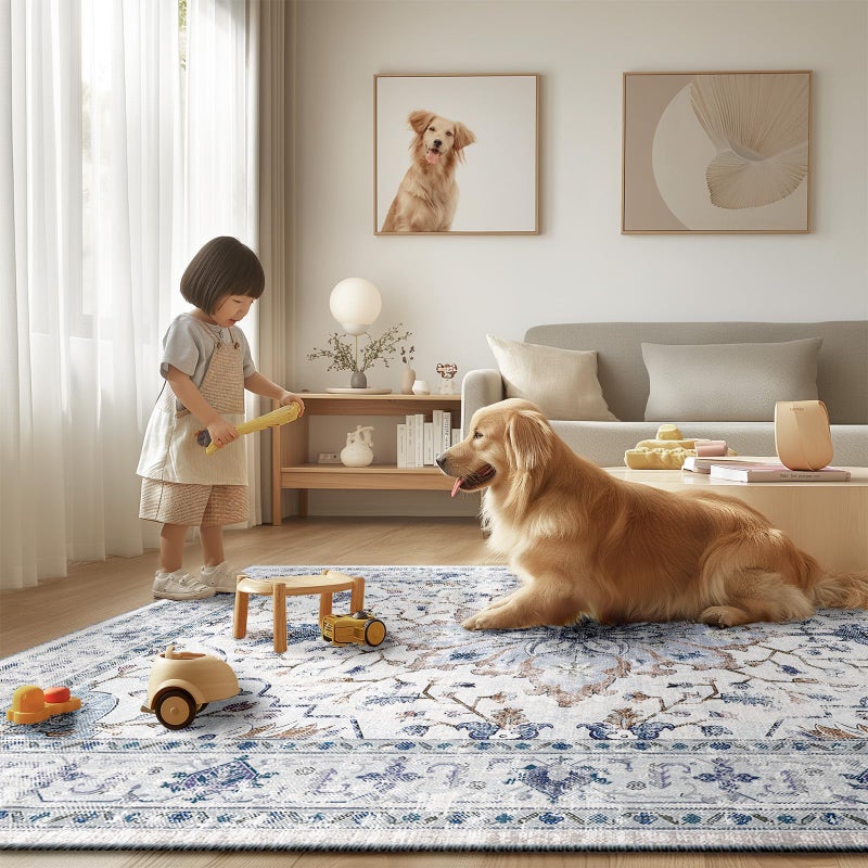 RELEANY 6ft Round Rug  Area Rugs 6ft  Washable Rug  Non-Slip  Rugs for Living Room  Rugs for Bedroom  Circle Rug  Vintage Rugs Boho Floral Medallion  Low Pile  Soft Blue Navy Beige - Image 5