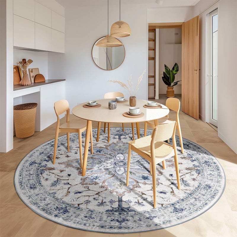 RELEANY 6ft Round Rug  Area Rugs 6ft  Washable Rug  Non-Slip  Rugs for Living Room  Rugs for Bedroom  Circle Rug  Vintage Rugs Boho Floral Medallion  Low Pile  Soft Blue Navy Beige - Image 3