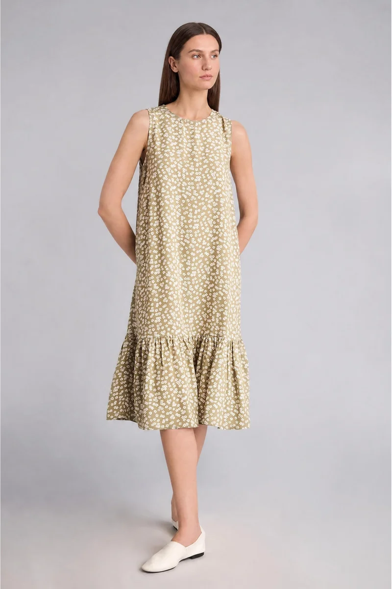 ديفاكتو Regular Fit Crew Neck Kaki Printed Dress