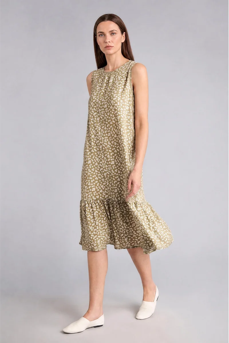 ديفاكتو Regular Fit Crew Neck Kaki Printed Dress
