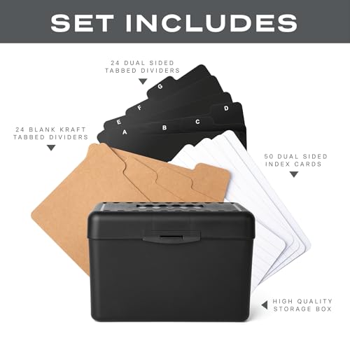 Alfion 3x5 Index Card Holder Set | 24 Black Alphabet Tab Dividers, 24 Blank Customizable Kraft Dividers, 50 Ruled Index Cards 3x5 - Image 2