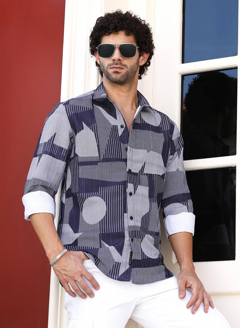 كامبوس سوترا قميص رجالي أزرق داكن بنقوش هندسية