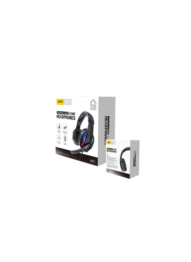 Aspor - Aspor A217 Multicolour Game Headset  USB*3.5mm  Multi-color light flashing alternately. Rotatable microphone. Comfortable and skin-friendly material. Stereo surround sound. Wire control function. - Image 1