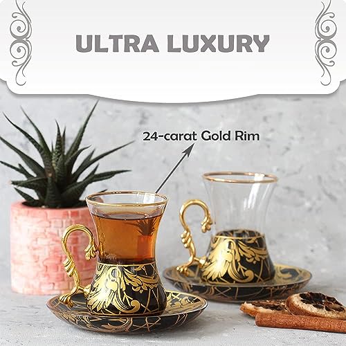 Vissmarta Gold Vintage Turkish Tea Glasses Cups and Saucers Set of 6 Drinking Glassware Party Adults Fancy Serving Coffee Tray Drinks Kettle Women Christmas Gift Teacup Handle Moroccan Drinkware Rim - Image 2