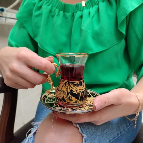 Vissmarta Gold Vintage Turkish Tea Glasses Cups and Saucers Set of 6 Drinking Glassware Party Adults Fancy Serving Coffee Tray Drinks Kettle Women Christmas Gift Teacup Handle Moroccan Drinkware Rim - Image 3