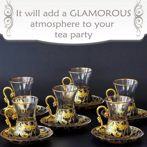 Vissmarta Gold Vintage Turkish Tea Glasses Cups and Saucers Set of 6 Drinking Glassware Party Adults Fancy Serving Coffee Tray Drinks Kettle Women Christmas Gift Teacup Handle Moroccan Drinkware Rim - Image 5