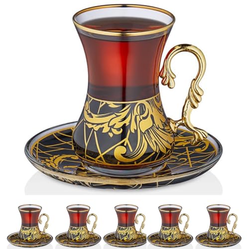 Vissmarta Gold Vintage Turkish Tea Glasses Cups and Saucers Set of 6 Drinking Glassware Party Adults Fancy Serving Coffee Tray Drinks Kettle Women Christmas Gift Teacup Handle Moroccan Drinkware Rim - Image 4
