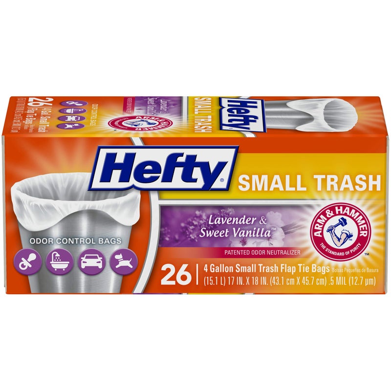 Hefty Hefty Small Garbage Bags Flap Tie Lavender Sweet Vanilla Scent 4 Gallon 26 Count