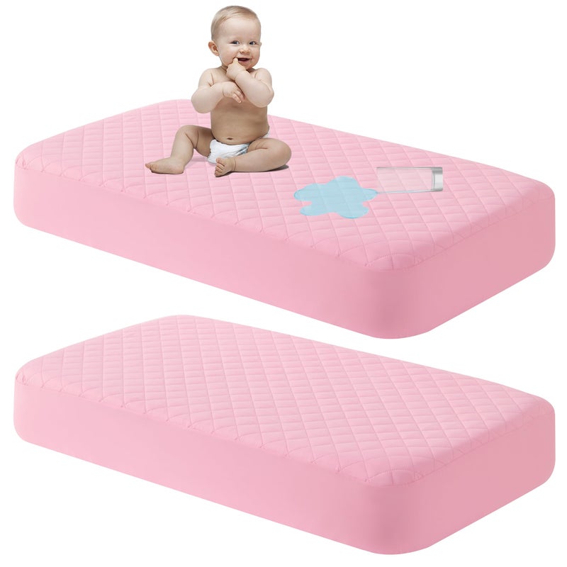 NTBAY 2 Pack Waterproof Mini Crib Mattress Protector Quilted 24x38 Fitted Mattress Cover Machine Washable Soft Baby Mattress Pad Sheet for Mini Crib and Baby Playards Pink - Image 2