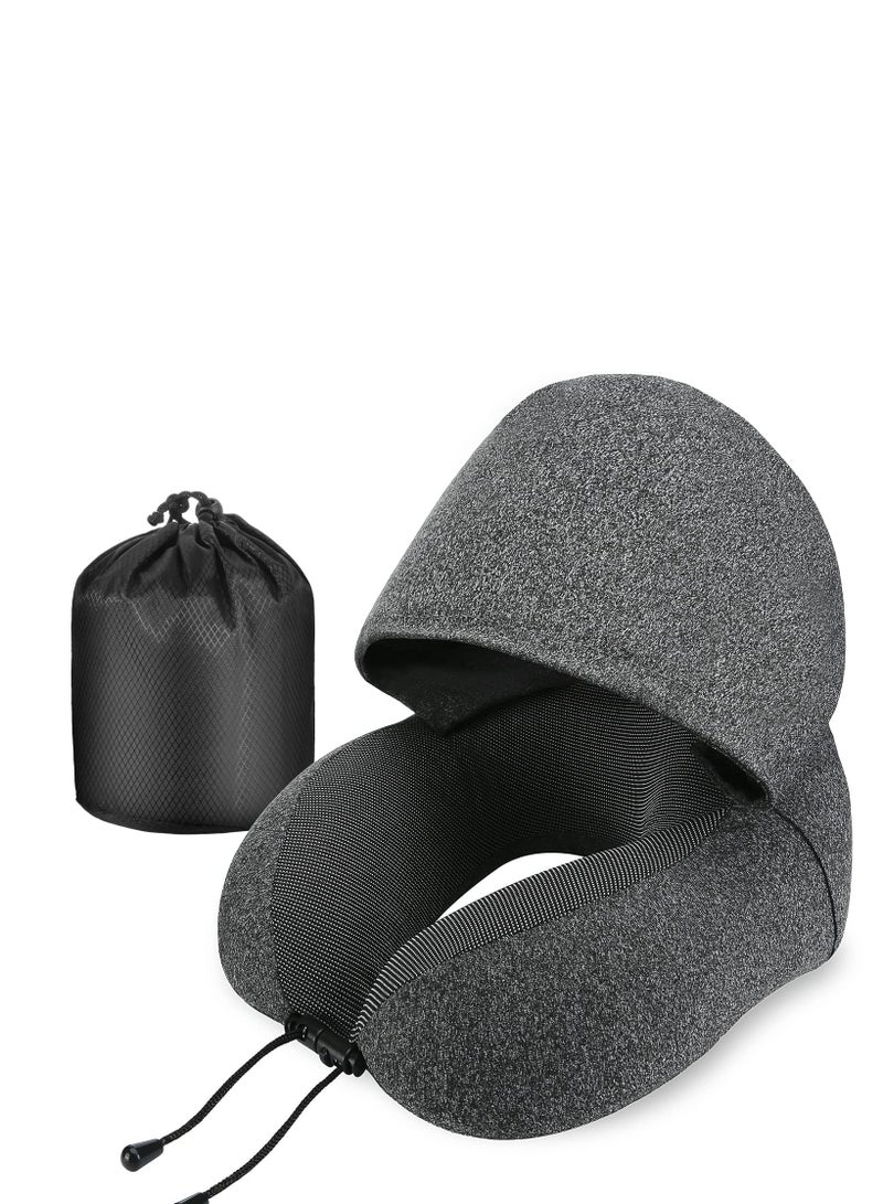 Excefore Neck Pillow for Travel, Memory Foam Travel Pillow with Hood, Adult Airplane Pillow for Head Rest Neck Support, Portable Pillow for Office Cars Trains Long Flights Sleeping, Deep Grey - Image 1