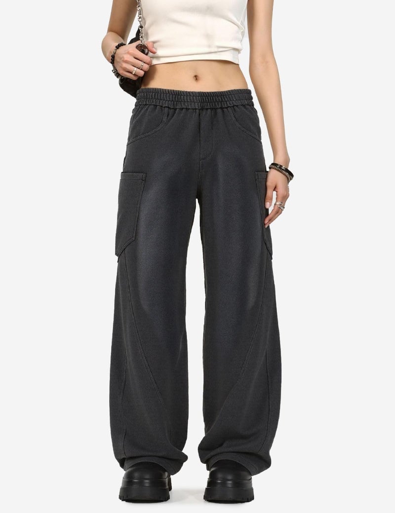 Fullneat Menâ€™s Baggy Sweatpants Wide Leg Lounge Acid Wash Track Pants with Drawstring Elastic Waist and Oversized Pockets, Y2K Streetwear Loose Fit Casual Pants for Men & Women Unisex Washed Black - Image 3