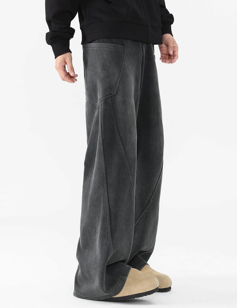 Fullneat Menâ€™s Baggy Sweatpants Wide Leg Lounge Acid Wash Track Pants with Drawstring Elastic Waist and Oversized Pockets, Y2K Streetwear Loose Fit Casual Pants for Men & Women Unisex Washed Black - Image 4
